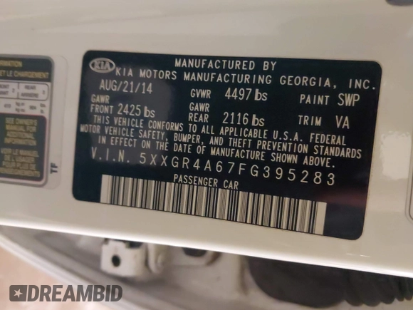 2015 Kia Optima SXL Turbo with VIN 5XXGR4A67FG395283, listed as a IAAI auction lot 41277314 with 171,473 mi miles and . Bid and sale history available at DreamBid. Image 9.