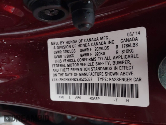 2014 Honda Civic Sedan EX-L with VIN 2HGFB2F92EH525037, listed as a IAAI auction lot 41914340 with 57,927 mi miles. Bid and sale history available at carsss.com. Image 9.