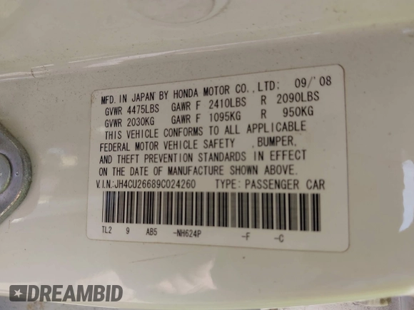 2009 Acura TSX with VIN JH4CU26689C024260, listed as a IAAI auction lot 42400174 with 198,962 mi miles and . Bid and sale history available at DreamBid. Image 9.