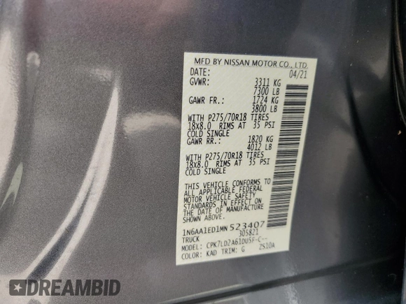 2021 Nissan Titan SV with VIN 1N6AA1ED1MN523407, listed as a Copart auction lot 76109324 with Not provided miles and Salvage title. Bid and sale history available at DreamBid. Image 14.