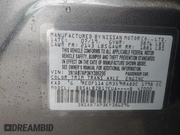 2019 Nissan Sentra SV with VIN 3N1AB7AP3KY386296, listed as a Copart auction lot 47259345 with 68,690 mi miles and Salvage Title. Bid and sale history available at DreamBid. Image 14.