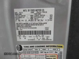 2012 Ford F-150 XL with VIN 1FTFW1ETXCKD43358, listed as a IAAI auction lot 42510091 with 267,104 mi miles and . Bid and sale history available at DreamBid. Image 9.