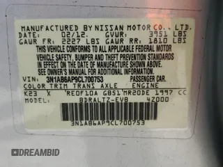 2012 Nissan Sentra S with VIN 3N1AB6AP9CL700753, listed as a Copart auction lot 53026935 with 120,138 mi miles and Salvage Title. Bid and sale history available at DreamBid. Image 13.