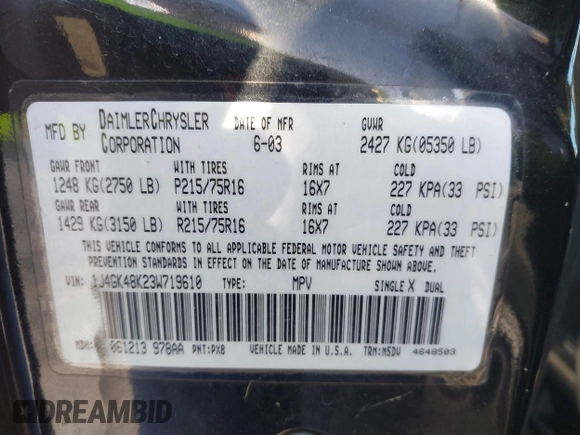 2003 Jeep Liberty Sport with VIN 1J4GK48K23W719610, listed as a IAAI auction lot 41998067 with 150,916 mi miles and . Bid and sale history available at DreamBid. Image 9.