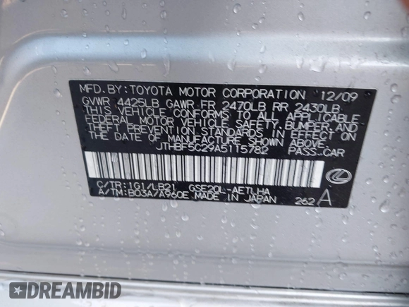 2010 Lexus IS 250 with VIN JTHBF5C29A5115782, listed as a IAAI auction lot 42036886 with 193,071 mi miles and . Bid and sale history available at DreamBid. Image 9.