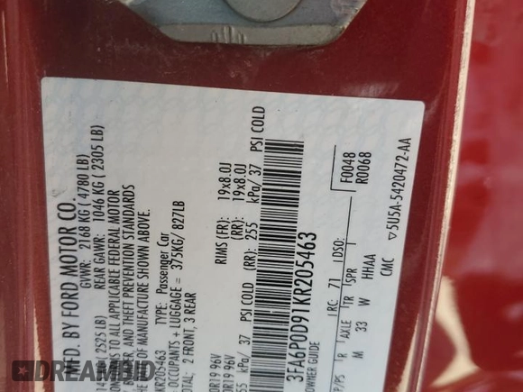 2019 Ford Fusion Titanium with VIN 3FA6P0D91KR205463, listed as a Copart auction lot 54764795 with 105,719 mi miles and Salvage title. Bid and sale history available at DreamBid. Image 13.