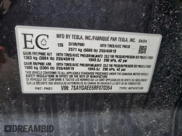 2024 Tesla Model Y Long Range with VIN 7SAYGAEE6RF070354, listed as a Copart auction lot 49826975 with Not Provided miles and Clean Title. Bid and sale history available at DreamBid. Image 14.