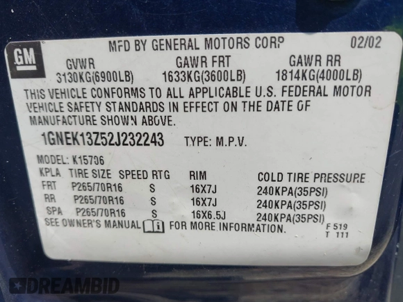 2002 Chevrolet Tahoe LT z VIN 1GNEK13Z52J232243, wystawiony jako IAAI lot #42410986 z przebiegiem 168 171 mil mil oraz . Historia ofert i sprzedaży dostępna na DreamBid. Obrazek 9.