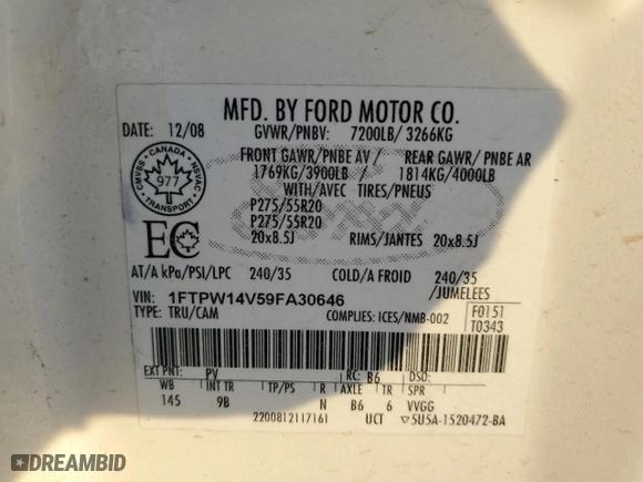 2009 Ford F-150 XL with VIN 1FTPW14V59FA30646, listed as a Copart auction lot 89099705 with 192,550 mi miles and Salvage Title. Bid and sale history available at carsss.com. Image 14.