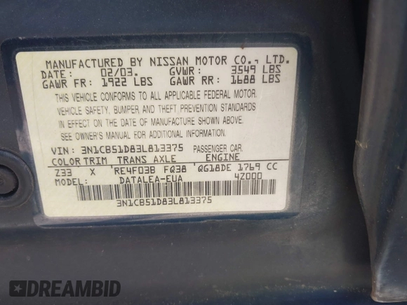 2003 Nissan Sentra XE with VIN 3N1CB51D83L813375, listed as a IAAI auction lot 42090865 with 125,492 mi miles and . Bid and sale history available at DreamBid. Image 9.