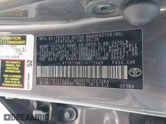 2018 Toyota Camry LE z VIN 4T1B11HK2JU113469, wystawiony jako IAAI lot #41912957 z przebiegiem 158 323 mil mil oraz . Historia ofert i sprzedaży dostępna na DreamBid. Obrazek 9.