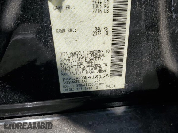 2013 Nissan Altima S with VIN 1N4AL3AP9DN418158, listed as a Copart auction lot 66804804 with 188,468 mi miles and Clean Title. Bid and sale history available at carsss.com. Image 12.