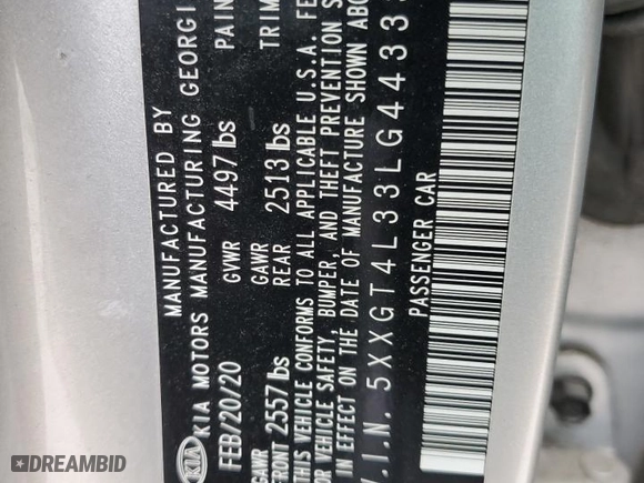 2020 Kia Optima SE with VIN 5XXGT4L33LG443331, listed as a Copart auction lot 49734275 with 35,066 mi miles and Salvage Title. Bid and sale history available at carsss.com. Image 12.