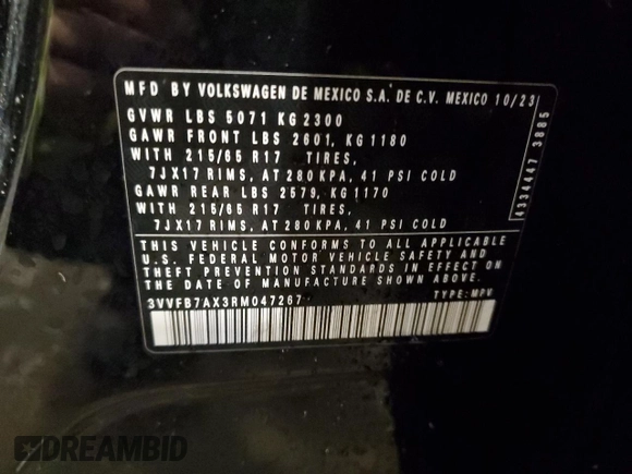 2024 Volkswagen Tiguan S с VIN 3VVFB7AX3RM047267, выставлен на аукционе Copart как лот 46821515 с пробегом 28 858 миль миль и Списание • Salvage title. История ставок и продаж доступна на DreamBid. Изображение 13.