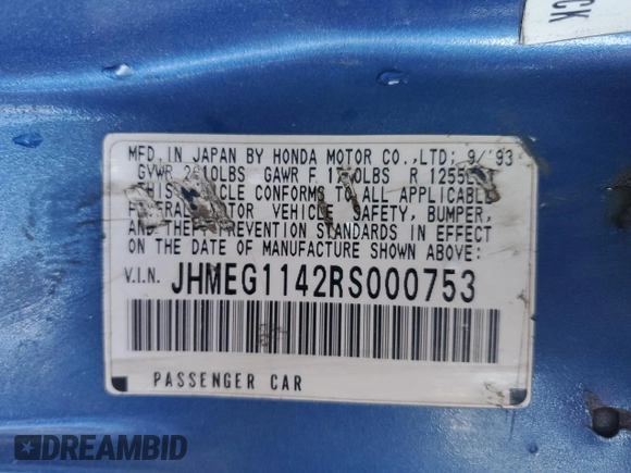 1994 Honda del Sol S with VIN JHMEG1142RS000753, listed as a Copart auction lot 80063034 with 214,736 mi miles and Salvage Title. Bid and sale history available at carsss.com. Image 12.