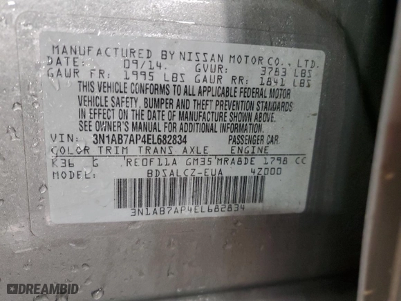 2014 Nissan Sentra S with VIN 3N1AB7AP4EL682834, listed as a Copart auction lot 88506325 with 142,712 mi miles and Salvage Title. Bid and sale history available at carsss.com. Image 14.