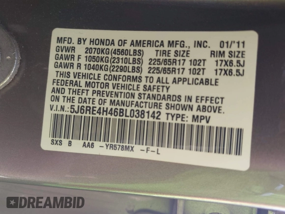 2011 Honda CR-V SE with VIN 5J6RE4H46BL038142, listed as a IAAI auction lot 42596590 with 81,838 mi miles and . Bid and sale history available at DreamBid. Image 9.