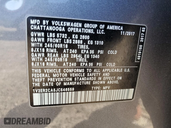2018 Volkswagen Atlas SEL with VIN 1V2ER2CA5JC546559, listed as a Copart auction lot 47027515 with 43,524 mi miles and Salvage title. Bid and sale history available at DreamBid. Image 13.
