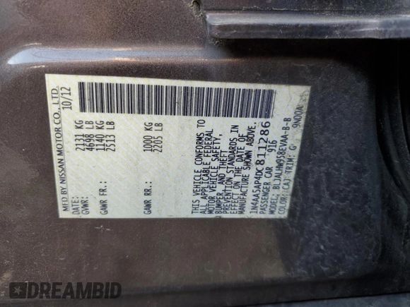 2013 Nissan Maxima SV with VIN 1N4AA5AP4DC811286, listed as a Copart auction lot 52349505 with Not Provided miles and Salvage Title. Bid and sale history available at DreamBid. Image 13.