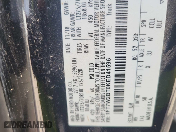 2019 Ford F-250 XL z VIN 1FT7W2BT0KED41596, wystawiony jako IAAI lot #42785422 z przebiegiem 246 034 mil mil oraz . Historia ofert i sprzedaży dostępna na DreamBid. Obrazek 6.