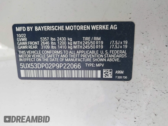 2023 BMW X3 xDrive30i with VIN 5UX53DP02P9P22066, listed as a IAAI auction lot 41843127 with 22,960 mi miles and . Bid and sale history available at DreamBid. Image 9.