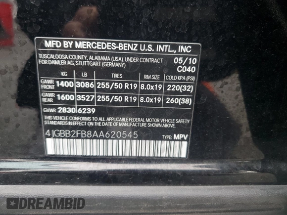 2010 Mercedes-Benz M 350 with VIN 4JGBB2FB8AA620545, listed as a Copart auction lot 52930345 with 74,378 mi miles and Salvage Title. Bid and sale history available at DreamBid. Image 13.