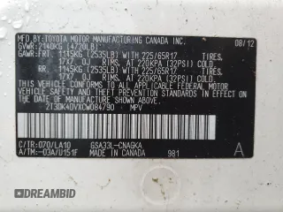 2012 Toyota RAV4 Limited with VIN 2T3DK4DVXCW084790, listed as a Copart auction lot 61289935 with Not provided miles and Clean title. Bid and sale history available at DreamBid. Image 13.