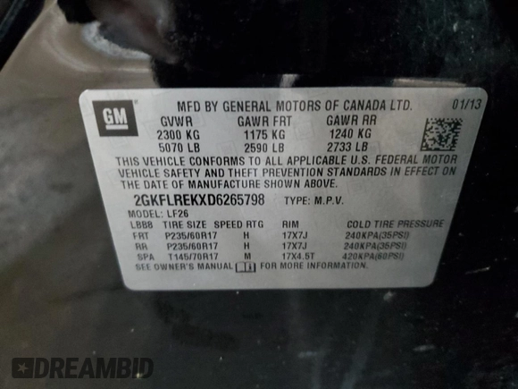2013 GMC Terrain SLE with VIN 2GKFLREKXD6265798, listed as a Copart auction lot 58601155 with 182,865 mi miles and Clean title. Bid and sale history available at DreamBid. Image 13.