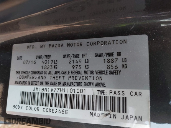 2017 Mazda 3 Touring z VIN JM1BN1V77H1101001, wystawiony jako IAAI lot #41393592 z przebiegiem 77 566 mil mil oraz . Historia ofert i sprzedaży dostępna na DreamBid. Obrazek 9.