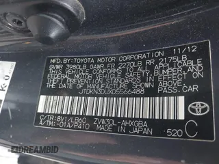 2013 Toyota Prius One with VIN JTDKN3DUXD5566488, listed as a IAAI auction lot 41989353 with 197,444 mi miles and . Bid and sale history available at DreamBid. Image 9.