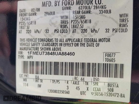 2008 Ford Explorer XLT z VIN 1FMEU73848UA88460, wystawiony jako IAAI lot #42101787 z przebiegiem 202 357 mil mil oraz . Historia ofert i sprzedaży dostępna na DreamBid. Obrazek 9.