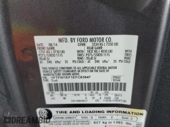 2014 Ford F-150 XL with VIN 1FTFW1EF1EFC83847, listed as a Copart auction lot 62324145 with 211,763 mi miles and Salvage title. Bid and sale history available at DreamBid. Image 12.