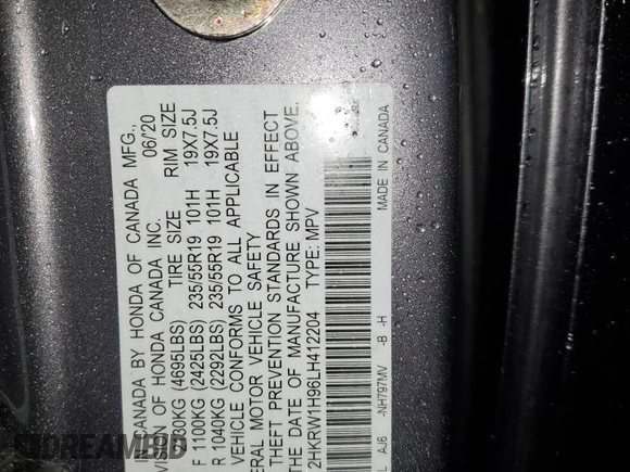 2020 Honda CR-V Touring with VIN 2HKRW1H96LH412204, listed as a Copart auction lot 47867515 with 53,730 mi miles and Salvage Title. Bid and sale history available at carsss.com. Image 13.