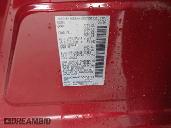 2016 Nissan Pathfinder Platinum with VIN 5N1AR2MMXGC658433, listed as a IAAI auction lot 41685557 with 107,695 mi miles and . Bid and sale history available at DreamBid. Image 9.