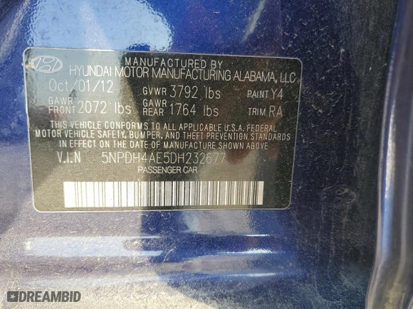 2013 Hyundai Elantra Limited with VIN 5NPDH4AE5DH232677, listed as a Copart auction lot 44137355 with 97,070 mi miles and Salvage Title. Bid and sale history available at carsss.com. Image 12.