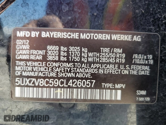 2012 BMW X5 50i with VIN 5UXZV8C59CL426057, listed as a Copart auction lot 63341775 with 92,822 mi miles and Clean title. Bid and sale history available at DreamBid. Image 14.