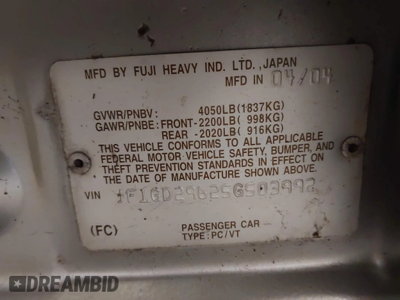 2005 Subaru Impreza WRX с VIN JF1GD29625G503992, выставлен на аукционе IAAI как лот 41835016 с пробегом 179 373 миль миль и . История ставок и продаж доступна на DreamBid. Изображение 9.