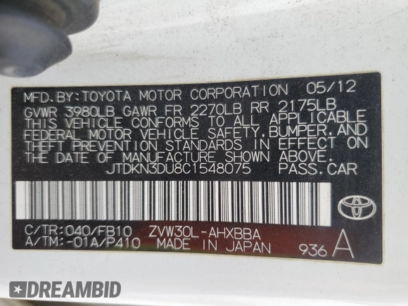 2012 Toyota Prius One with VIN JTDKN3DU8C1548075, listed as a Copart auction lot 55185645 with 38,396 mi miles and Clean Title. Bid and sale history available at carsss.com. Image 12.