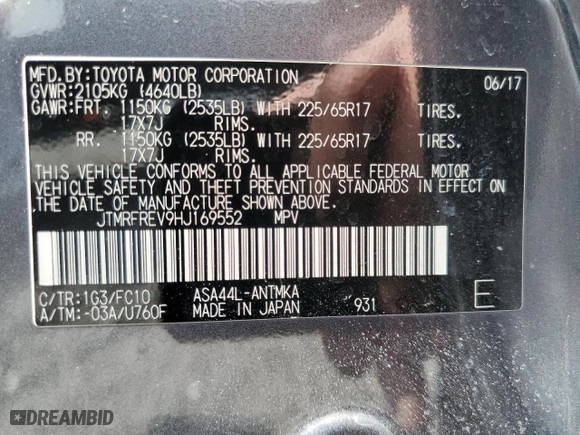 2017 Toyota RAV4 XLE with VIN JTMRFREV9HJ169552, listed as a Copart auction lot 48362205 with 115,274 mi miles and Salvage Title. Bid and sale history available at carsss.com. Image 13.