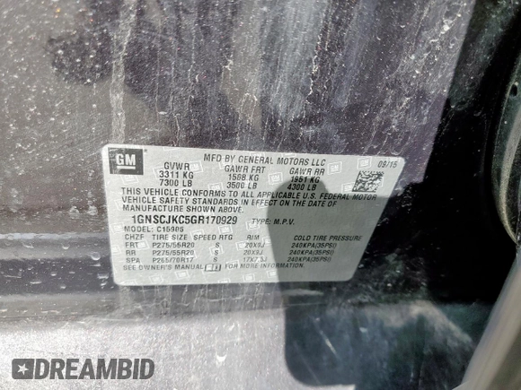 2016 Chevrolet Suburban LTZ with VIN 1GNSCJKC5GR170929, listed as a Copart auction lot 49634725 with Not provided miles and Salvage title. Bid and sale history available at DreamBid. Image 12.