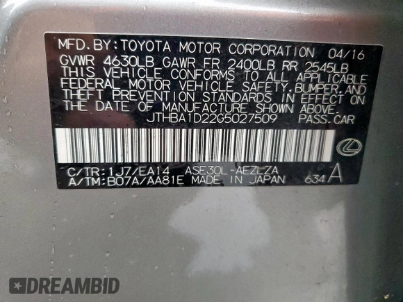 2016 Lexus IS 200t with VIN JTHBA1D22G5027509, listed as a Copart auction lot 60211255 with 59,309 mi miles and Salvage title. Bid and sale history available at DreamBid. Image 12.