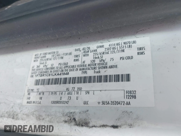 2020 Ford Transit Cargo with VIN 1FTBR1C81LKA41848, listed as a IAAI auction lot 41674936 with 306,797 mi miles. Bid and sale history available at carsss.com. Image 9.