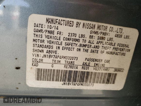 2015 Infiniti Q50 Premium with VIN JN1BV7AP4FM332073, listed as a Copart auction lot 46950325 with 66,587 mi miles and Salvage Title. Bid and sale history available at carsss.com. Image 12.