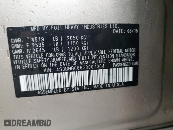 2016 Subaru Legacy Premium with VIN 4S3BNBC66G3007064, listed as a Copart auction lot 56737835 with 168,781 mi miles and Clean title. Bid and sale history available at DreamBid. Image 12.