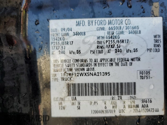 2005 Ford F-150 XL with VIN 1FTRF12WX5NA21395, listed as a Copart auction lot 44260355 with 261,053 mi miles and Salvage Title. Bid and sale history available at carsss.com. Image 12.