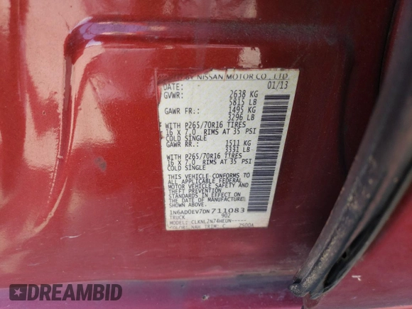 2013 Nissan Frontier SV with VIN 1N6AD0EV7DN711083, listed as a Copart auction lot 55882135 with 130,017 mi miles and Salvage title. Bid and sale history available at DreamBid. Image 12.
