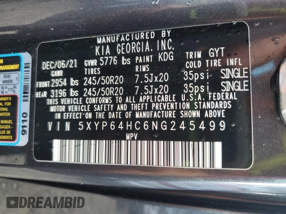 2022 Kia Telluride S with VIN 5XYP64HC6NG245499, listed as a Copart auction lot 54368215 with 31,624 mi miles and Salvage title. Bid and sale history available at DreamBid. Image 13.