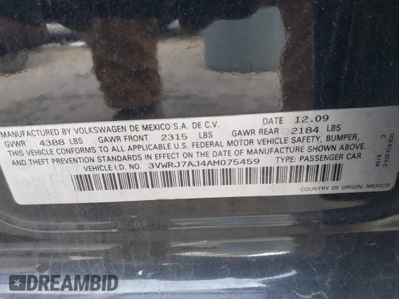2010 Volkswagen Jetta Wolfsburg Edition with VIN 3VWRJ7AJ4AM075459, listed as a IAAI auction lot 41047857 with 131,871 mi miles and . Bid and sale history available at DreamBid. Image 9.