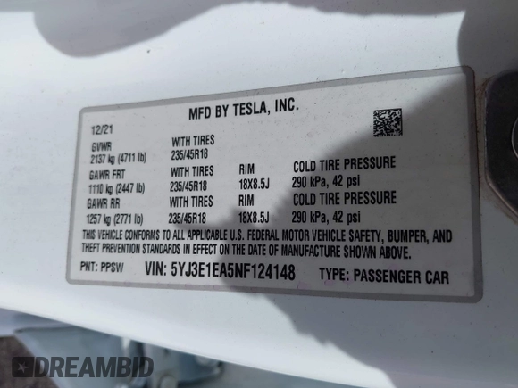 2022 Tesla Model 3 with VIN 5YJ3E1EA5NF124148, listed as a IAAI auction lot 41908884 with 45,115 mi miles. Bid and sale history available at carsss.com. Image 9.