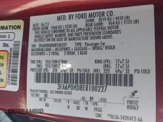 2014 Ford Fusion SE with VIN 3FA6P0HD8ER100227, listed as a IAAI auction lot 42192133 with 143,853 mi miles and . Bid and sale history available at DreamBid. Image 9.